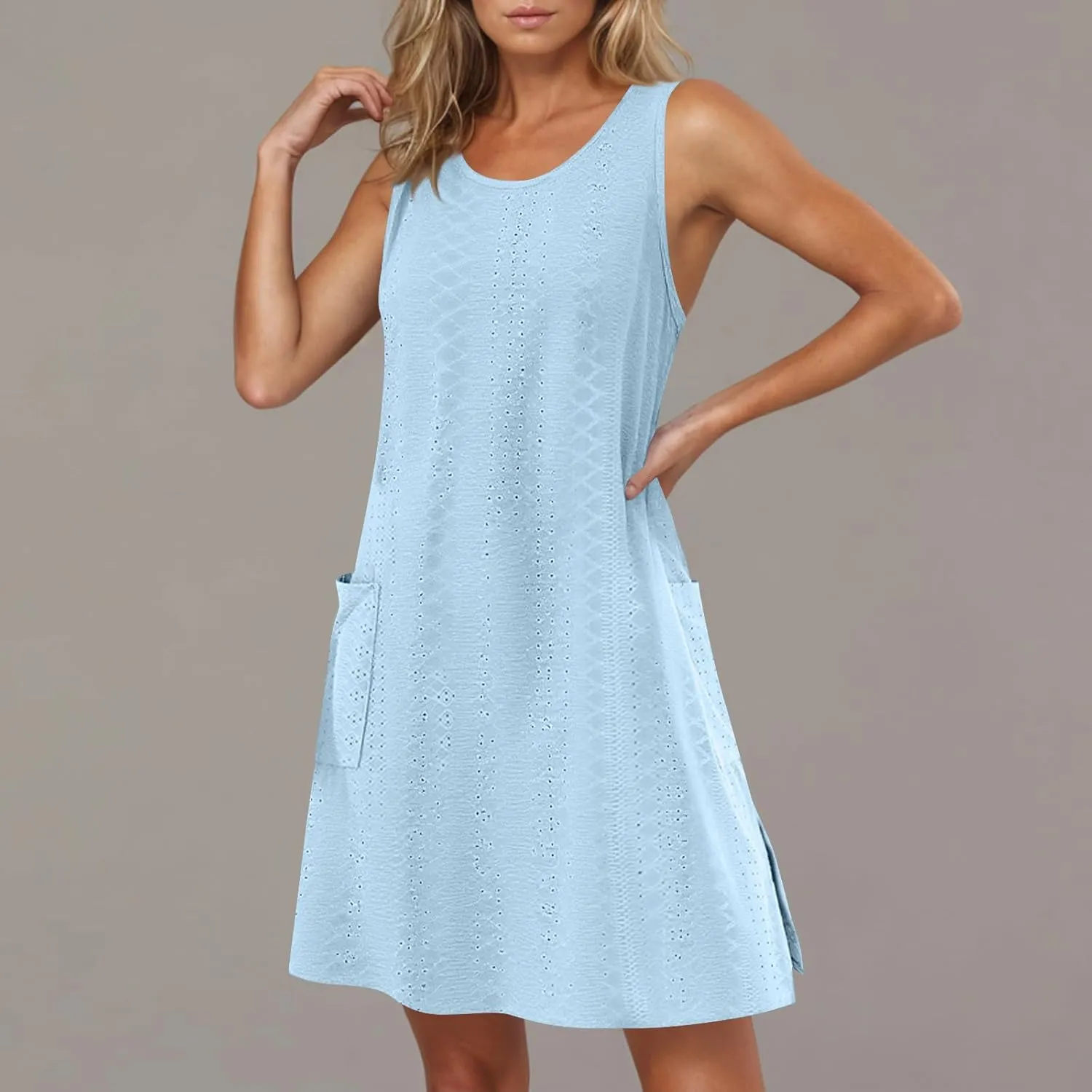 2025 Women Eyelet Button Down Sleeveless Dress Casual Flowy Short Dresses Summer Beach Tank Mini Dress with Pocket