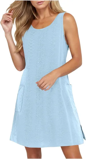 2025 Women Eyelet Button Down Sleeveless Dress Casual Flowy Short Dresses Summer Beach Tank Mini Dress with Pocket