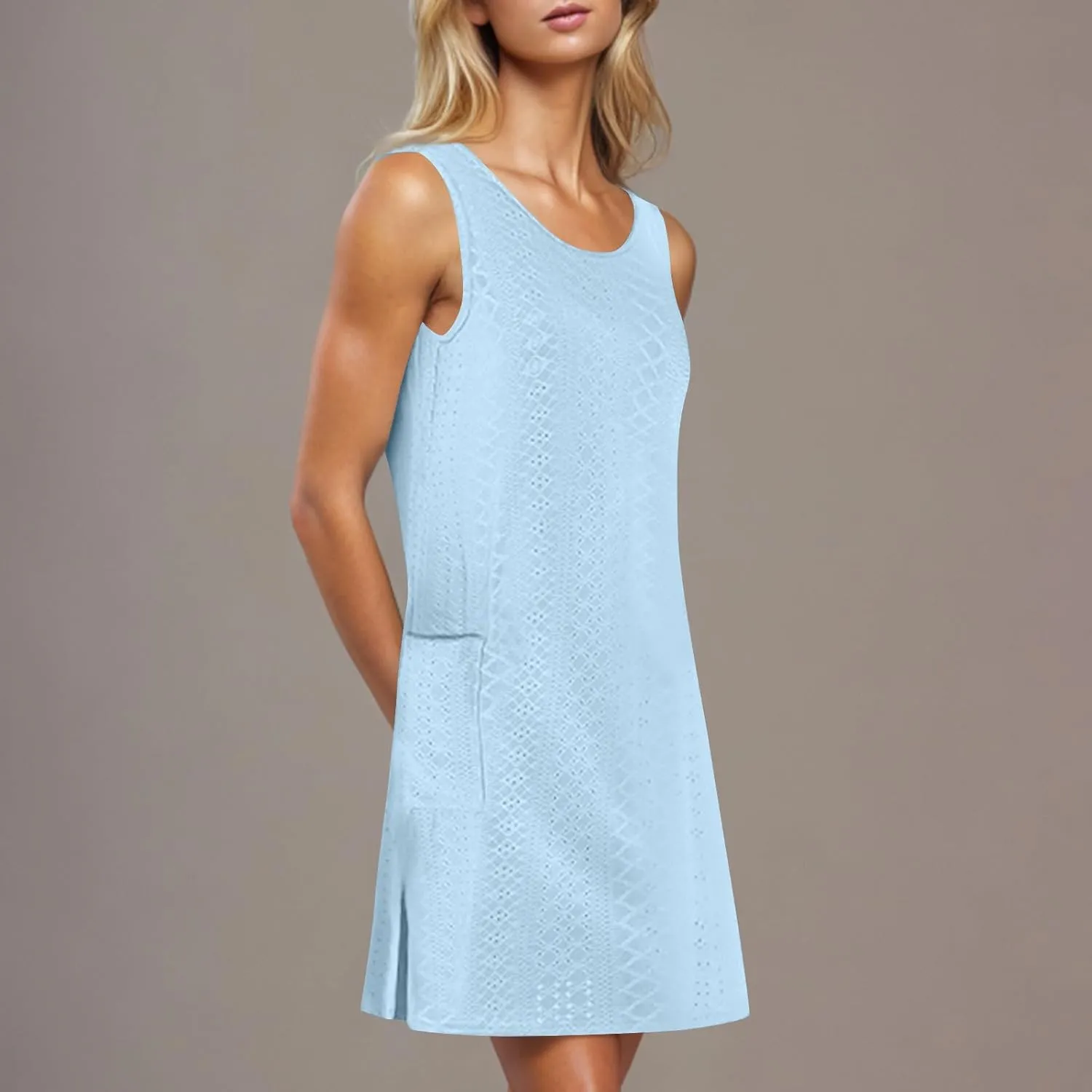 2025 Women Eyelet Button Down Sleeveless Dress Casual Flowy Short Dresses Summer Beach Tank Mini Dress with Pocket