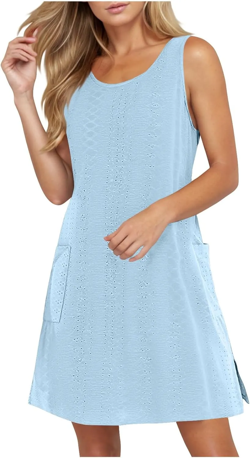 2025 Women Eyelet Button Down Sleeveless Dress Casual Flowy Short Dresses Summer Beach Tank Mini Dress with Pocket