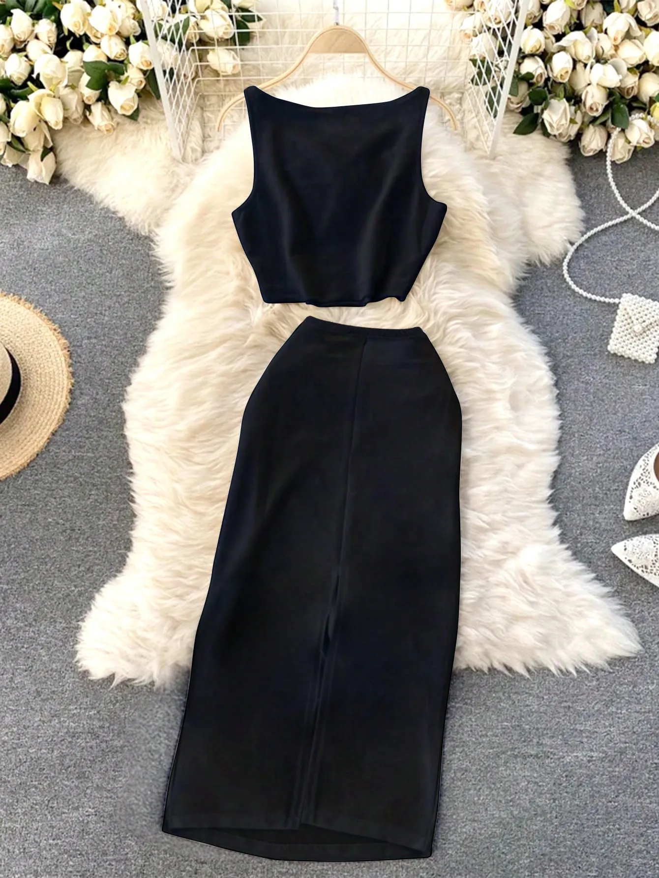 2pcs/Set Women Sleeveless Tank Top And Pleated Skirt