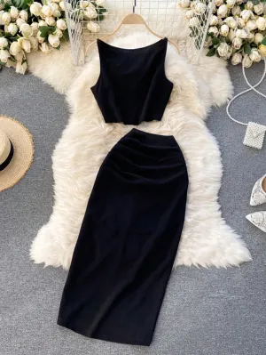 2pcs/Set Women Sleeveless Tank Top And Pleated Skirt