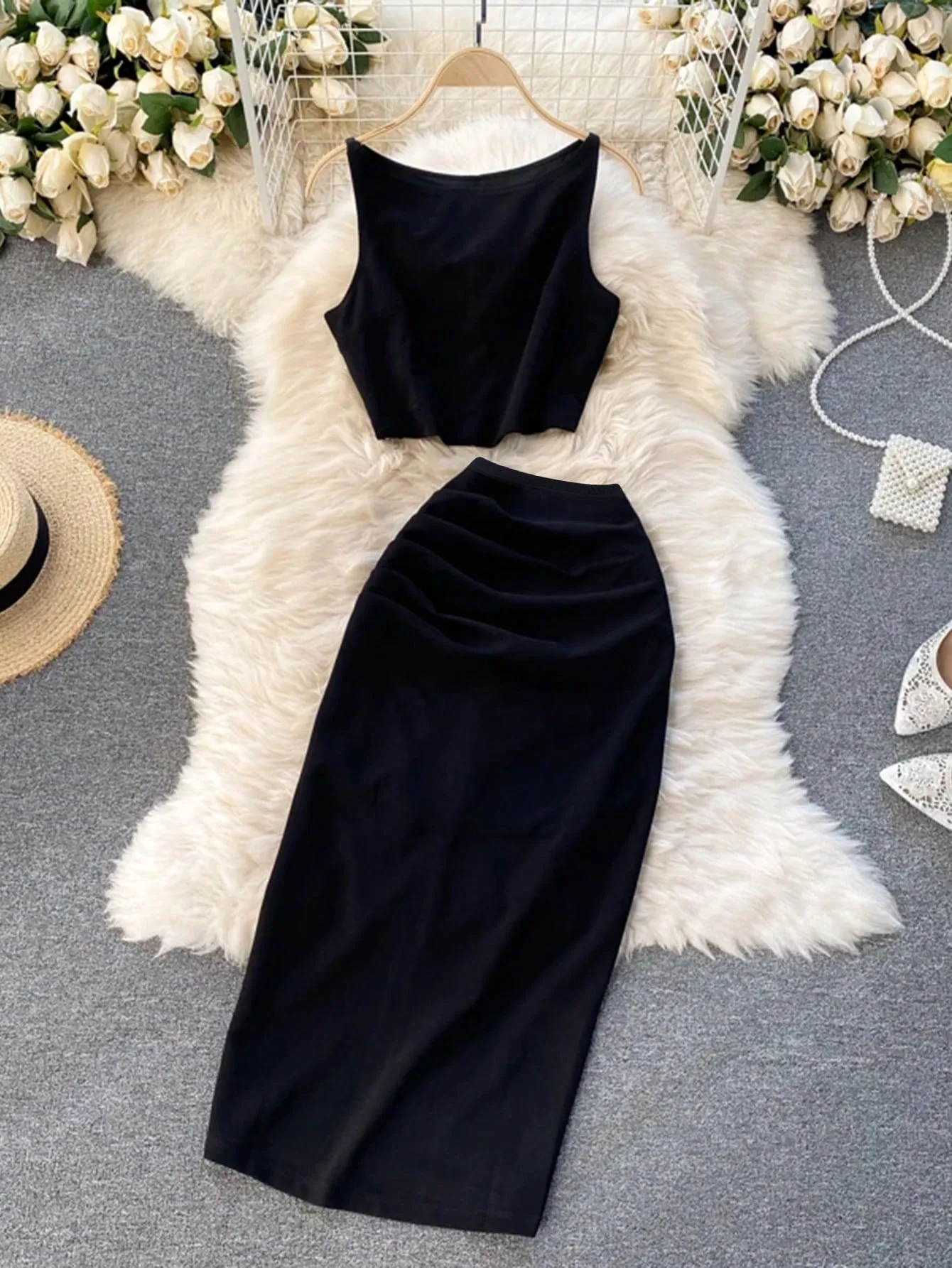 2pcs/Set Women Sleeveless Tank Top And Pleated Skirt