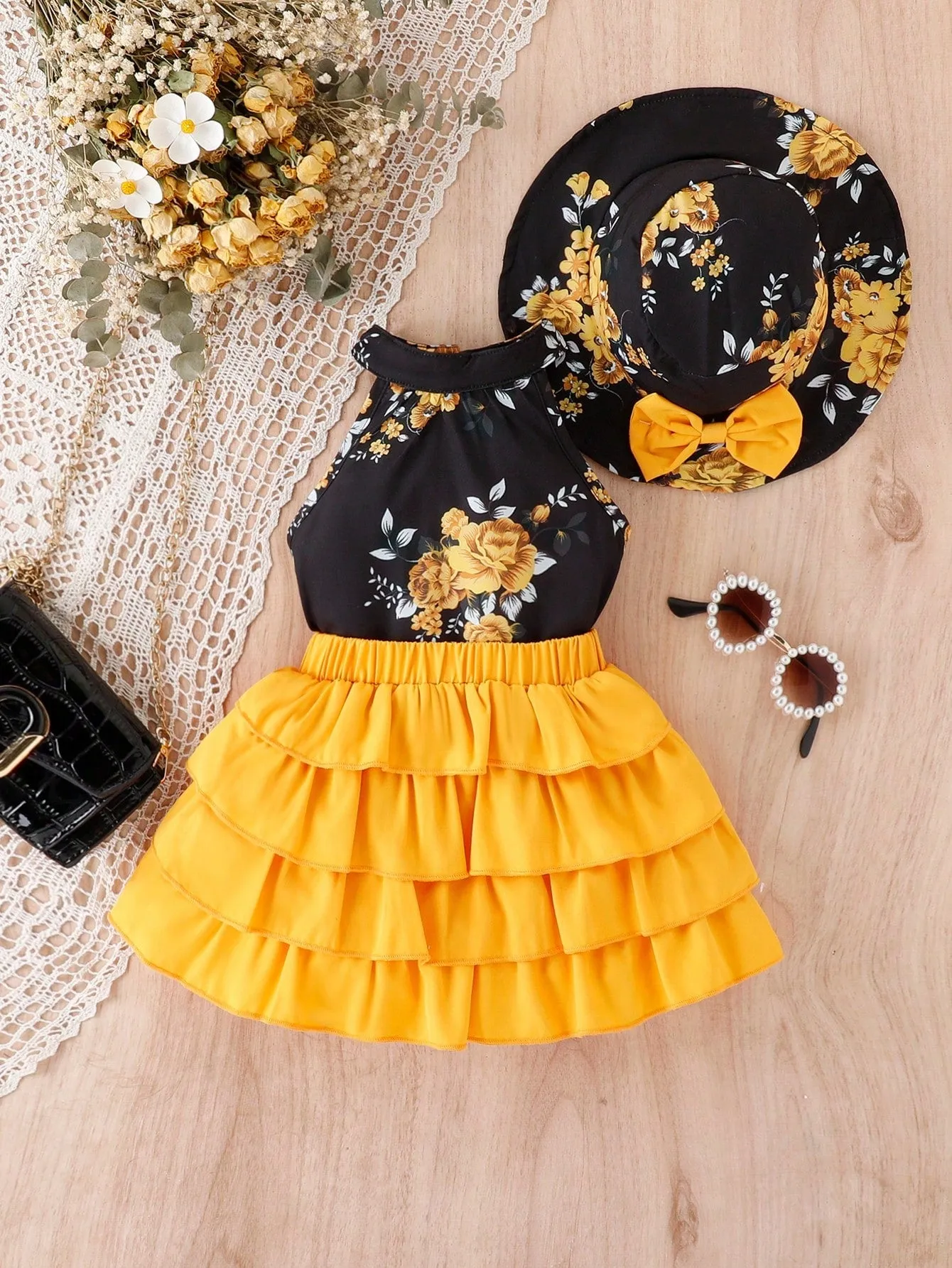 Baby Girl Floral Print Halter Top & Layer Hem Skirt & Hat FD