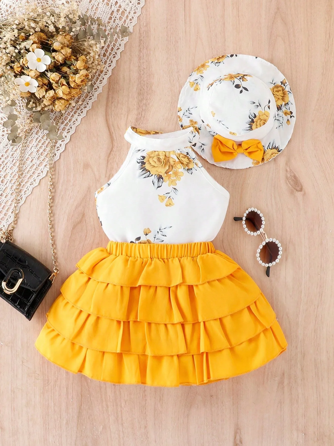 Baby Girl Floral Print Halter Top & Layer Hem Skirt & Hat FD
