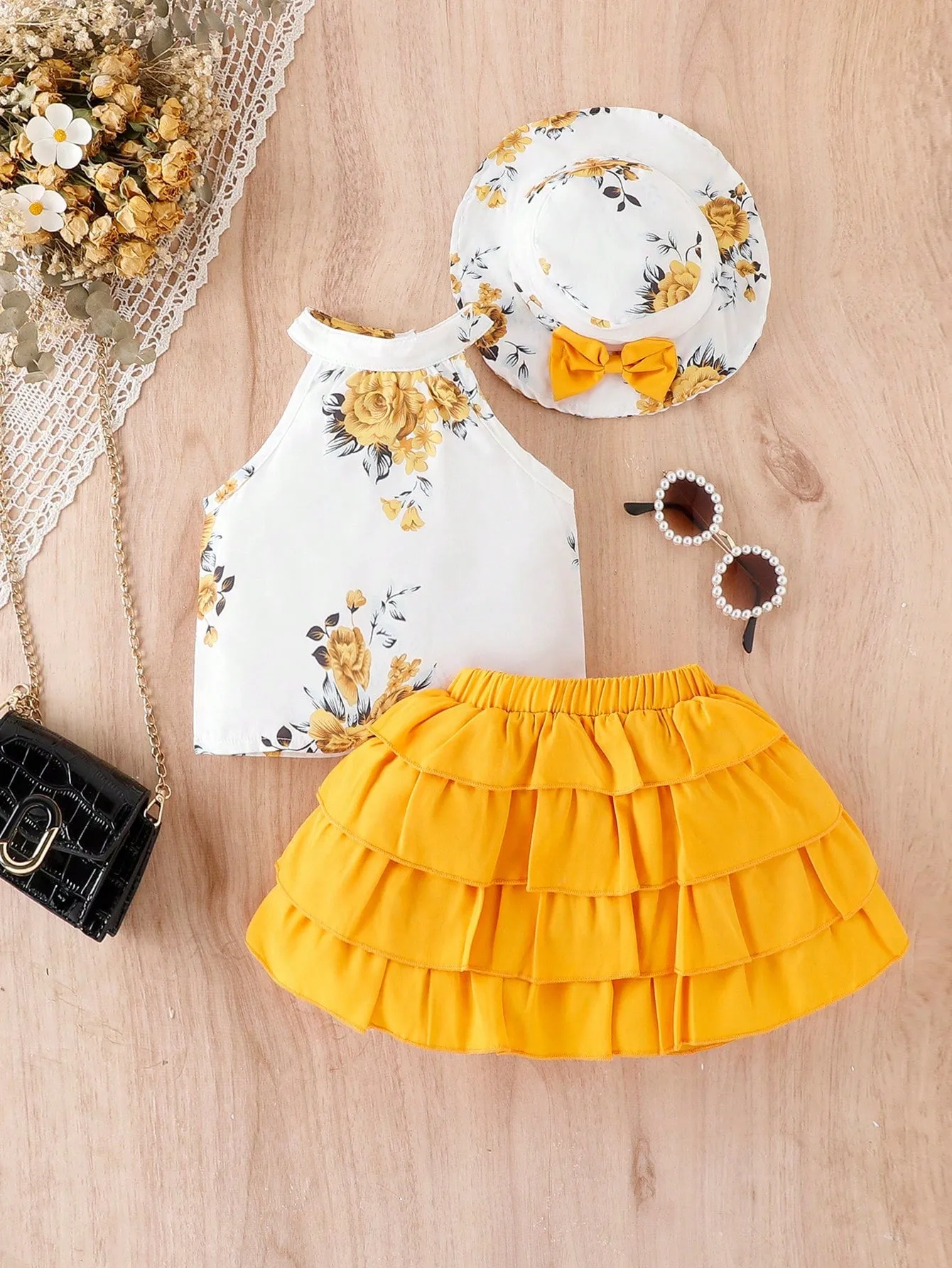 Baby Girl Floral Print Halter Top & Layer Hem Skirt & Hat FD