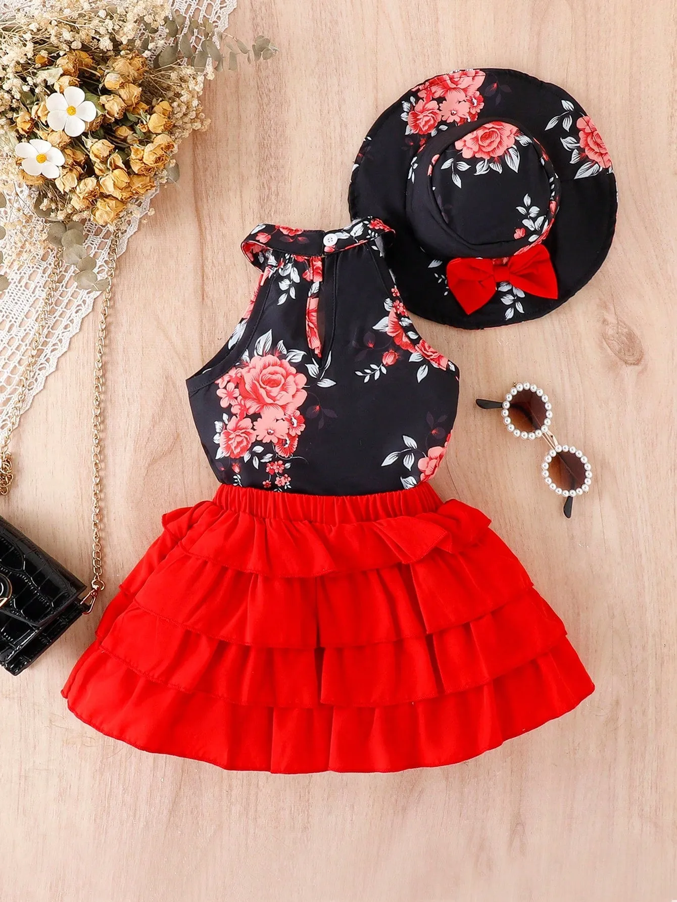 Baby Girl Floral Print Halter Top & Layer Hem Skirt & Hat FD