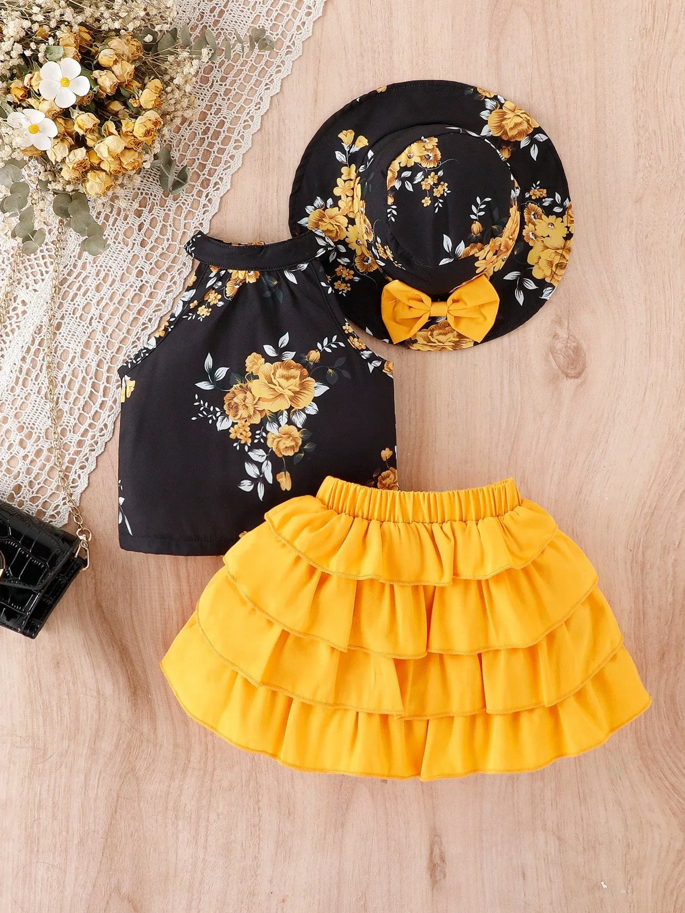 Baby Girl Floral Print Halter Top & Layer Hem Skirt & Hat FD