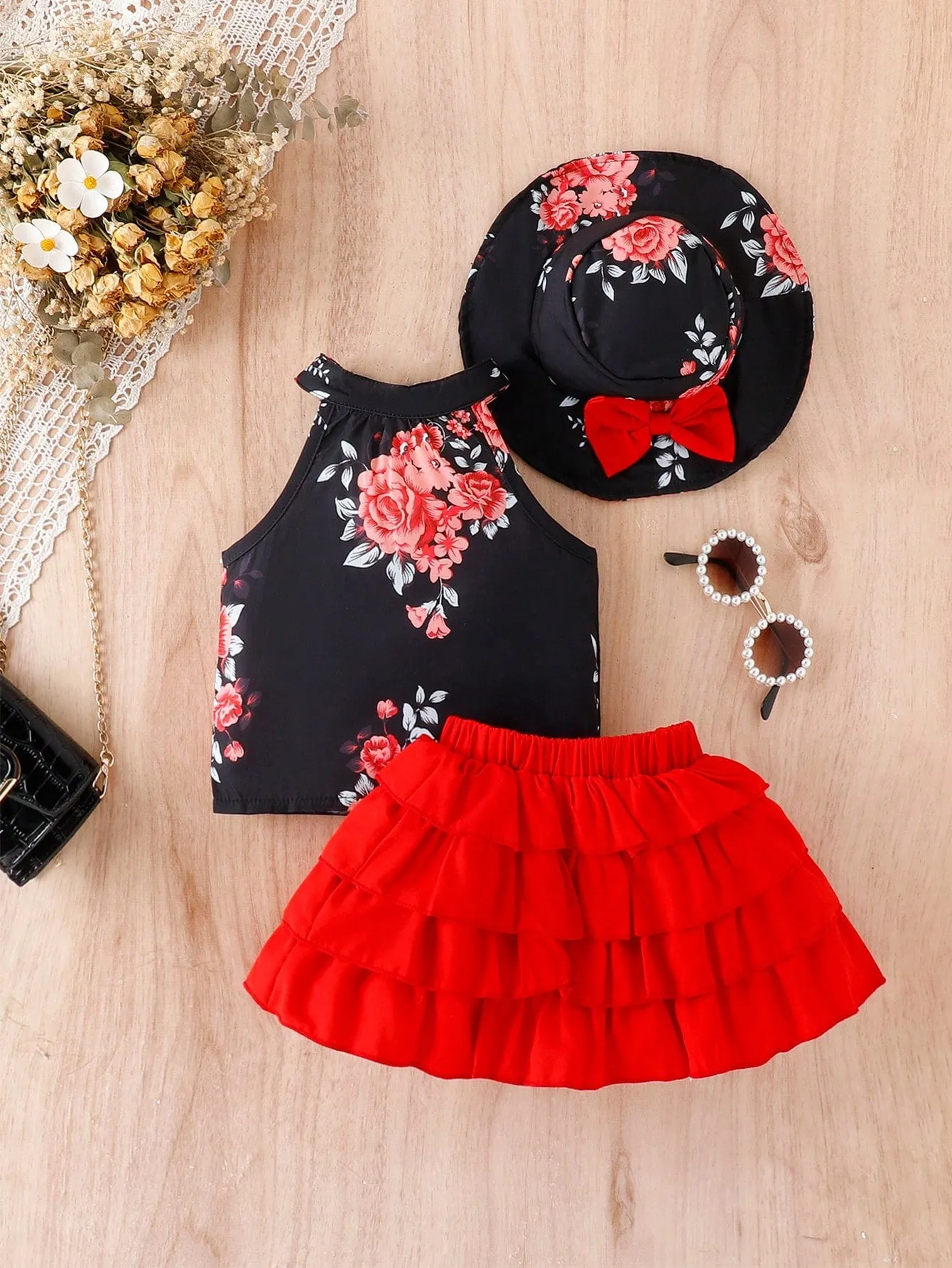 Baby Girl Floral Print Halter Top & Layer Hem Skirt & Hat FD