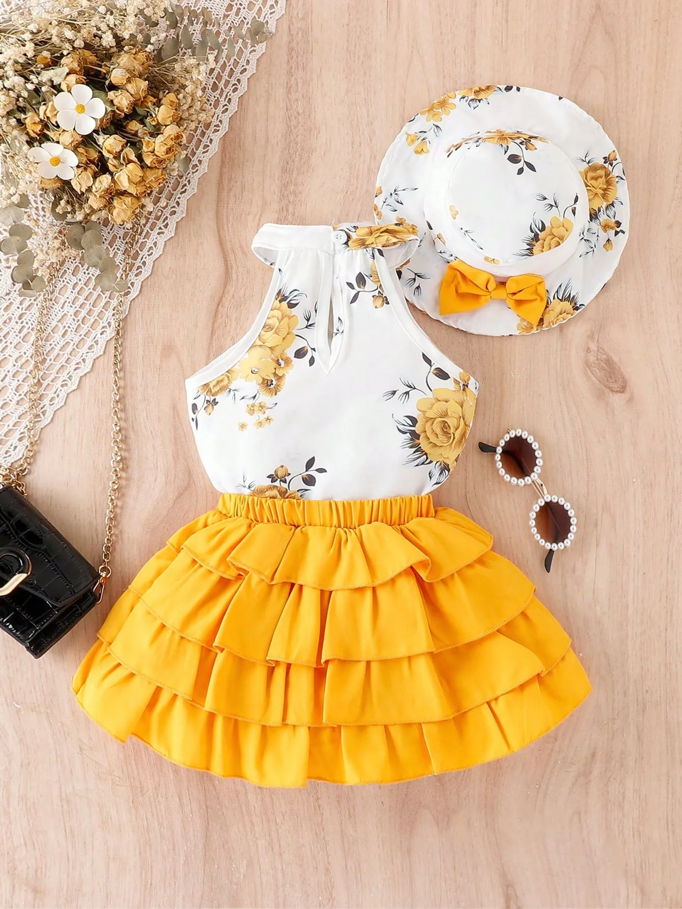 Baby Girl Floral Print Halter Top & Layer Hem Skirt & Hat FD