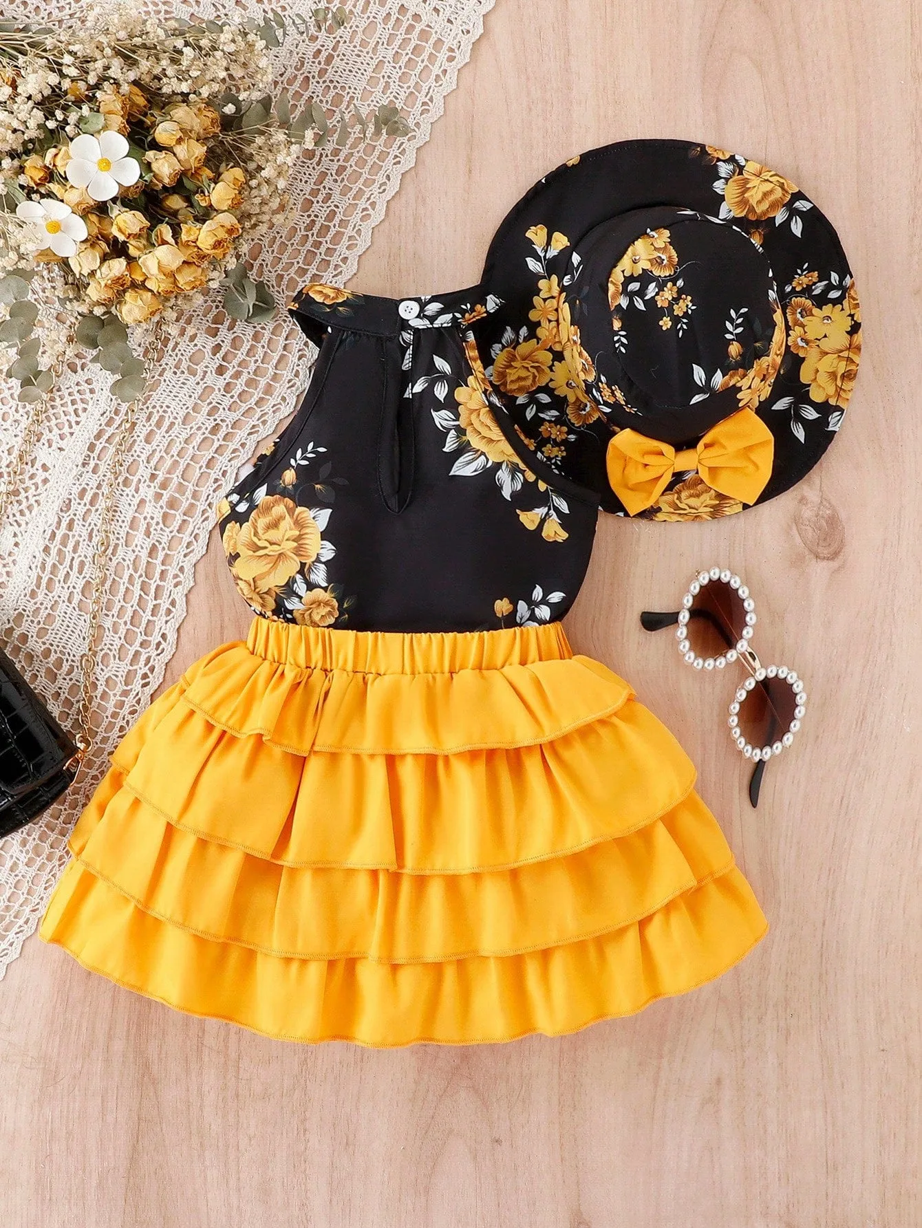 Baby Girl Floral Print Halter Top & Layer Hem Skirt & Hat FD