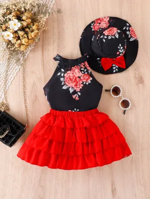Baby Girl Floral Print Halter Top & Layer Hem Skirt & Hat FD