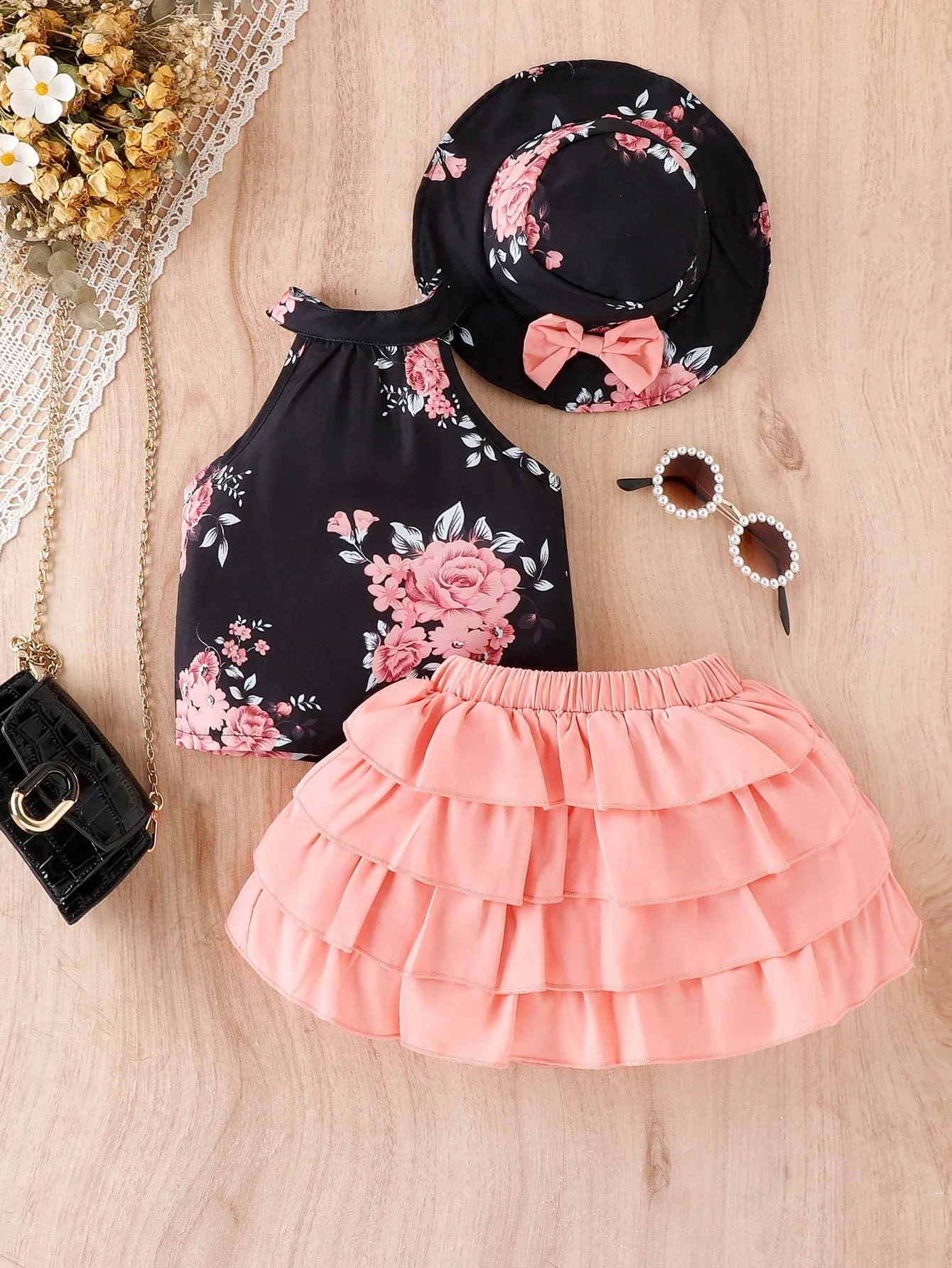 Baby Girl Floral Print Halter Top & Layer Hem Skirt & Hat FD