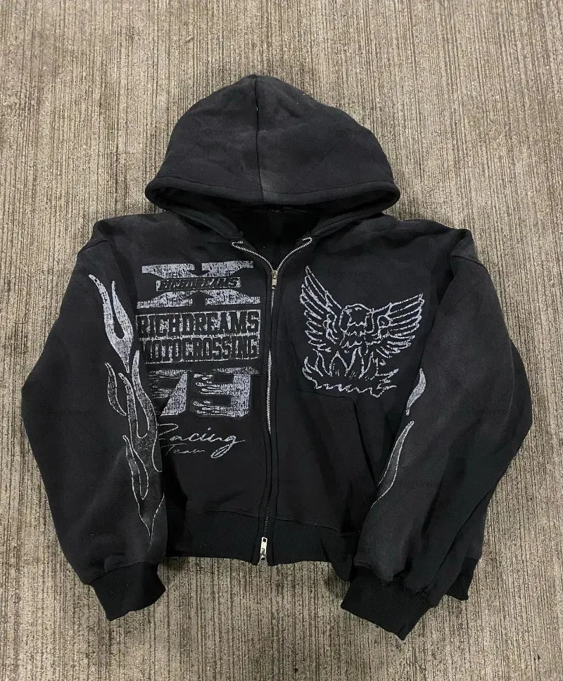 Back To School Joskaa 2024 High Street Trendy Casual Clothing Y2k Gothic Style Printed Zipper Hoodie Men Retro Trendy Brand Oversized Sweatshirt Women