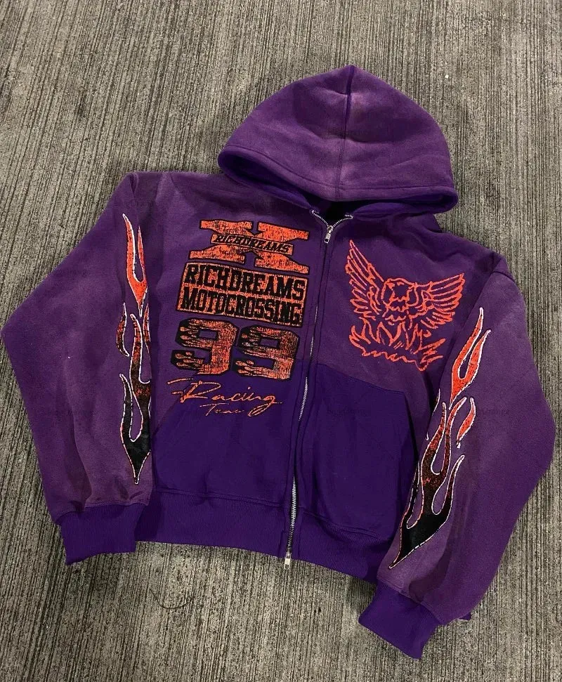 Back To School Joskaa 2024 High Street Trendy Casual Clothing Y2k Gothic Style Printed Zipper Hoodie Men Retro Trendy Brand Oversized Sweatshirt Women