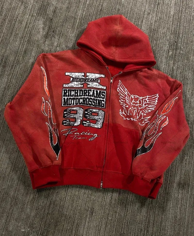 Back To School Joskaa 2024 High Street Trendy Casual Clothing Y2k Gothic Style Printed Zipper Hoodie Men Retro Trendy Brand Oversized Sweatshirt Women
