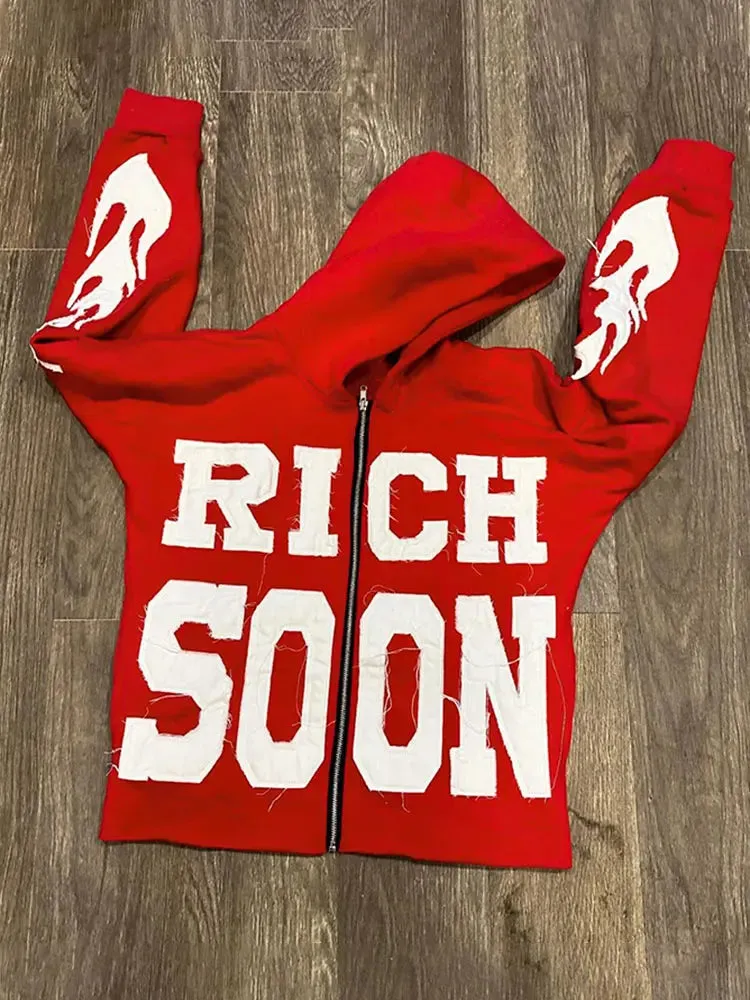 Back To School Joskaa Street Rich Soon Printed Hoodie For Male Trendy Y2k Long Sleeve Zip Up Hooded Sweatshirt 2024 Autumn Pocket Loose Hoodies Jacket