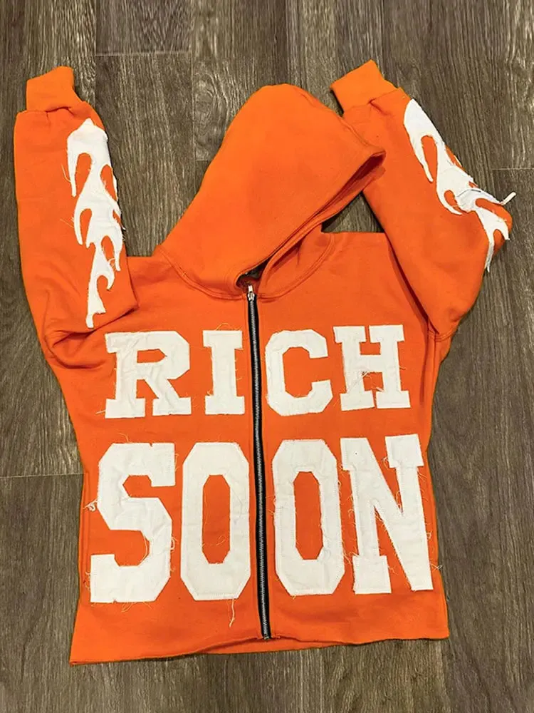 Back To School Joskaa Street Rich Soon Printed Hoodie For Male Trendy Y2k Long Sleeve Zip Up Hooded Sweatshirt 2024 Autumn Pocket Loose Hoodies Jacket