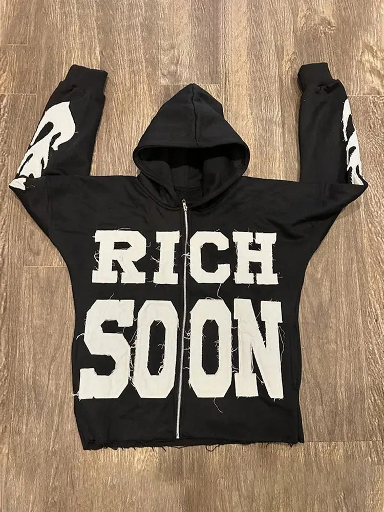 Back To School Joskaa Street Rich Soon Printed Hoodie For Male Trendy Y2k Long Sleeve Zip Up Hooded Sweatshirt 2024 Autumn Pocket Loose Hoodies Jacket