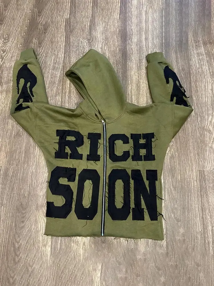 Back To School Joskaa Street Rich Soon Printed Hoodie For Male Trendy Y2k Long Sleeve Zip Up Hooded Sweatshirt 2024 Autumn Pocket Loose Hoodies Jacket