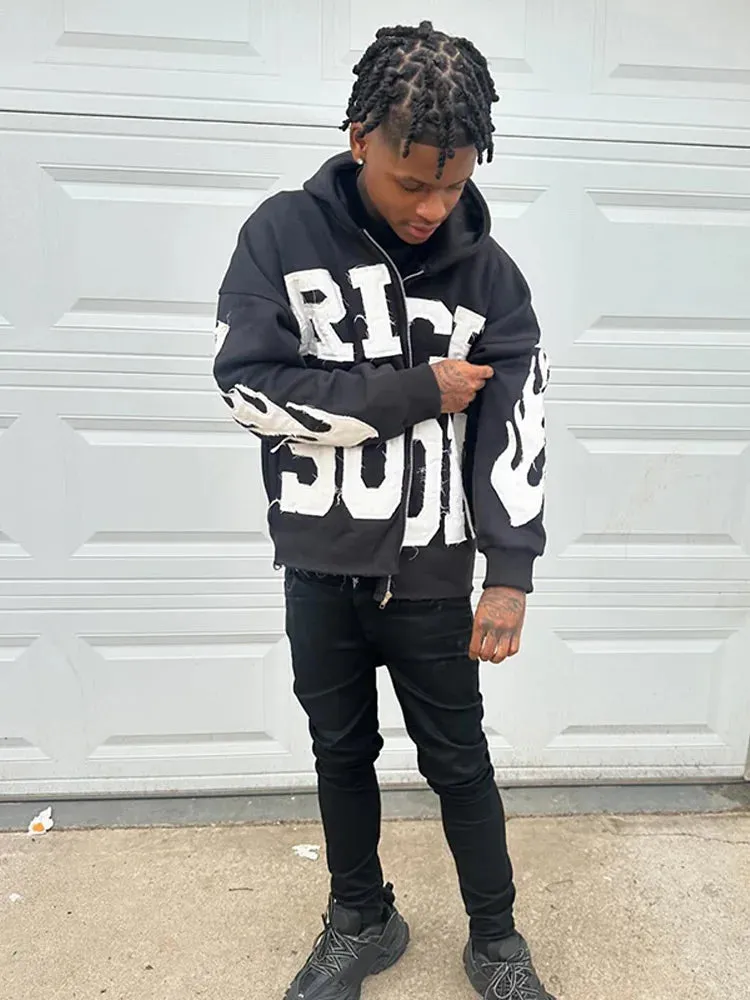 Back To School Joskaa Street Rich Soon Printed Hoodie For Male Trendy Y2k Long Sleeve Zip Up Hooded Sweatshirt 2024 Autumn Pocket Loose Hoodies Jacket