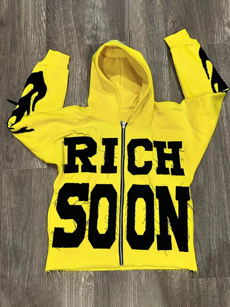 Back To School Joskaa Street Rich Soon Printed Hoodie For Male Trendy Y2k Long Sleeve Zip Up Hooded Sweatshirt 2024 Autumn Pocket Loose Hoodies Jacket