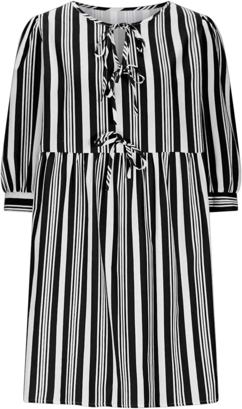 Beach Dress 2025 Women Hollow Out Three Quarter Sleeve Babydoll Dresses Elegant Tie Front Striped Mini Dresses