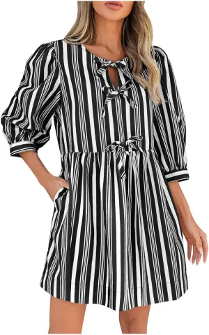 Beach Dress 2025 Women Hollow Out Three Quarter Sleeve Babydoll Dresses Elegant Tie Front Striped Mini Dresses