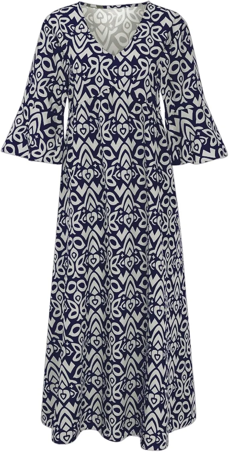 Boho Dresses for Women 2024 Plus Size Floral Print Beach Dress V Neck Elastic Waist Flowy Maxi Dress Summer Dresses
