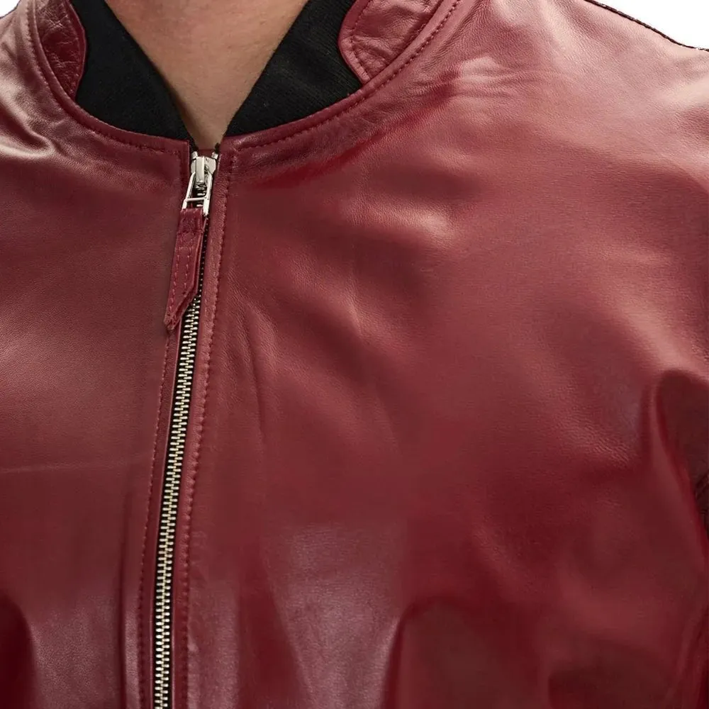 Bomber Red Leather Jacket Mens