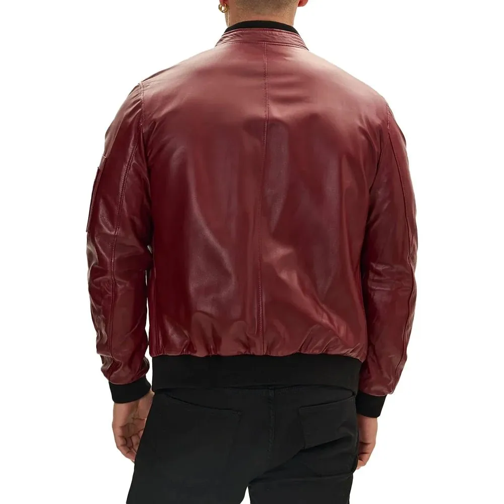 Bomber Red Leather Jacket Mens