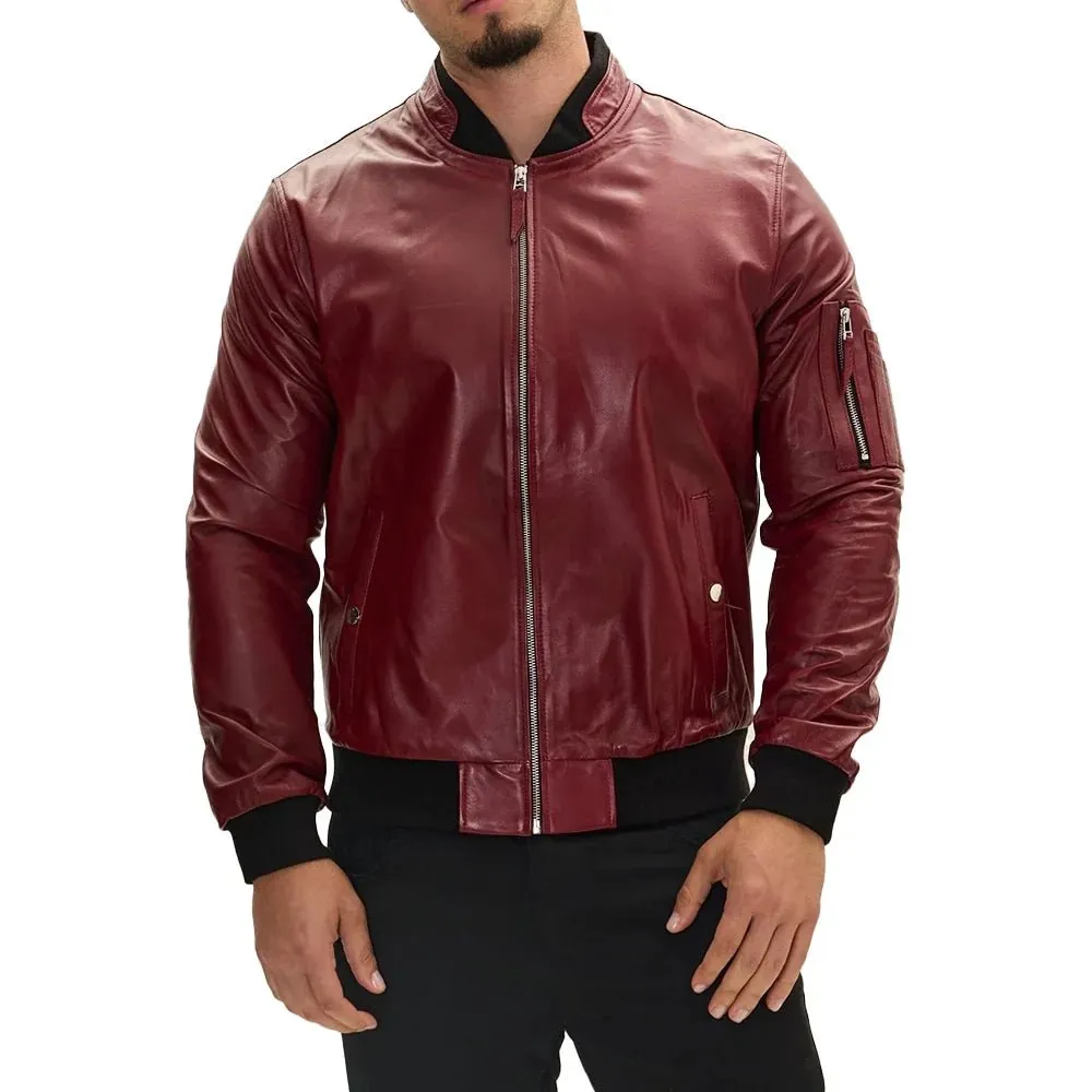 Bomber Red Leather Jacket Mens