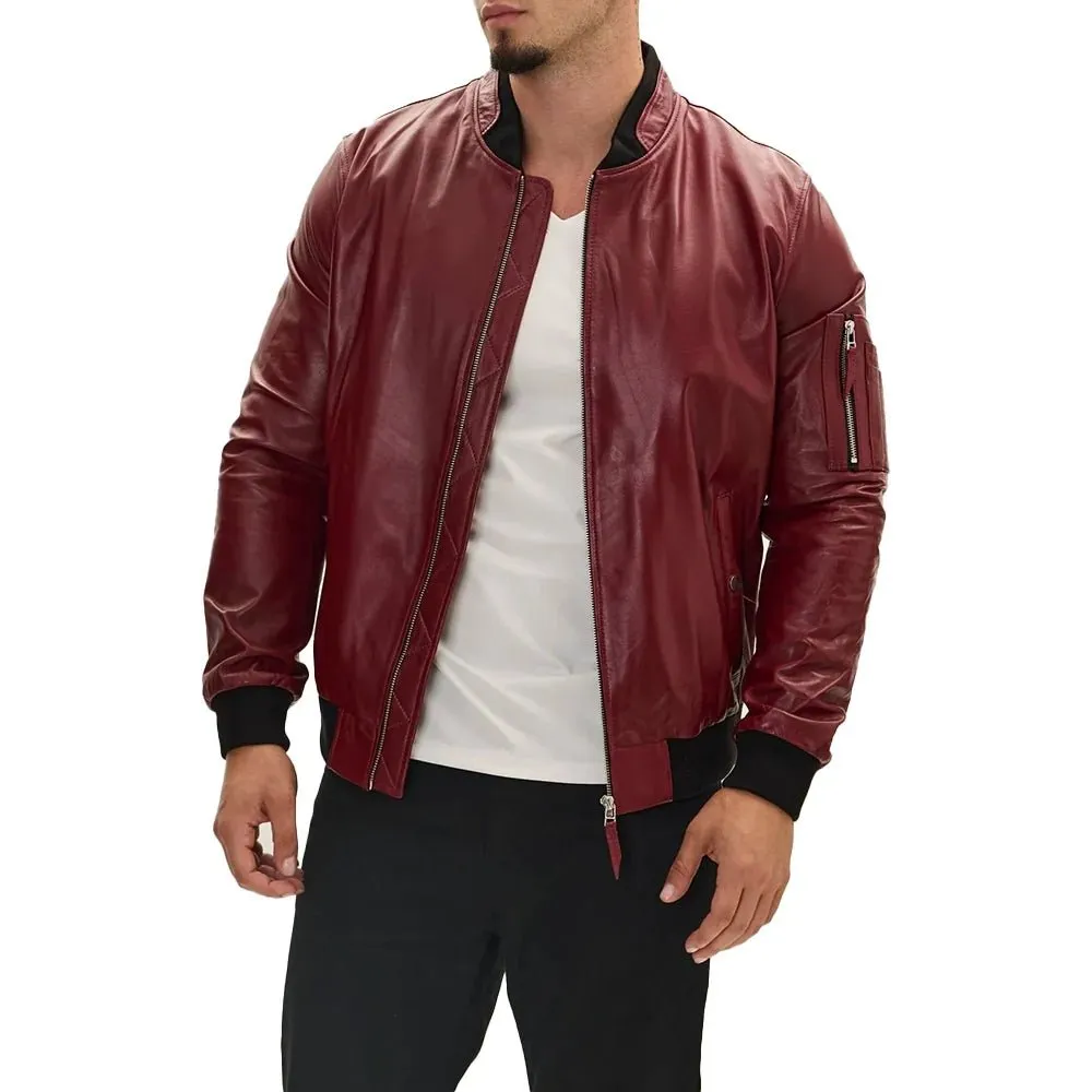 Bomber Red Leather Jacket Mens