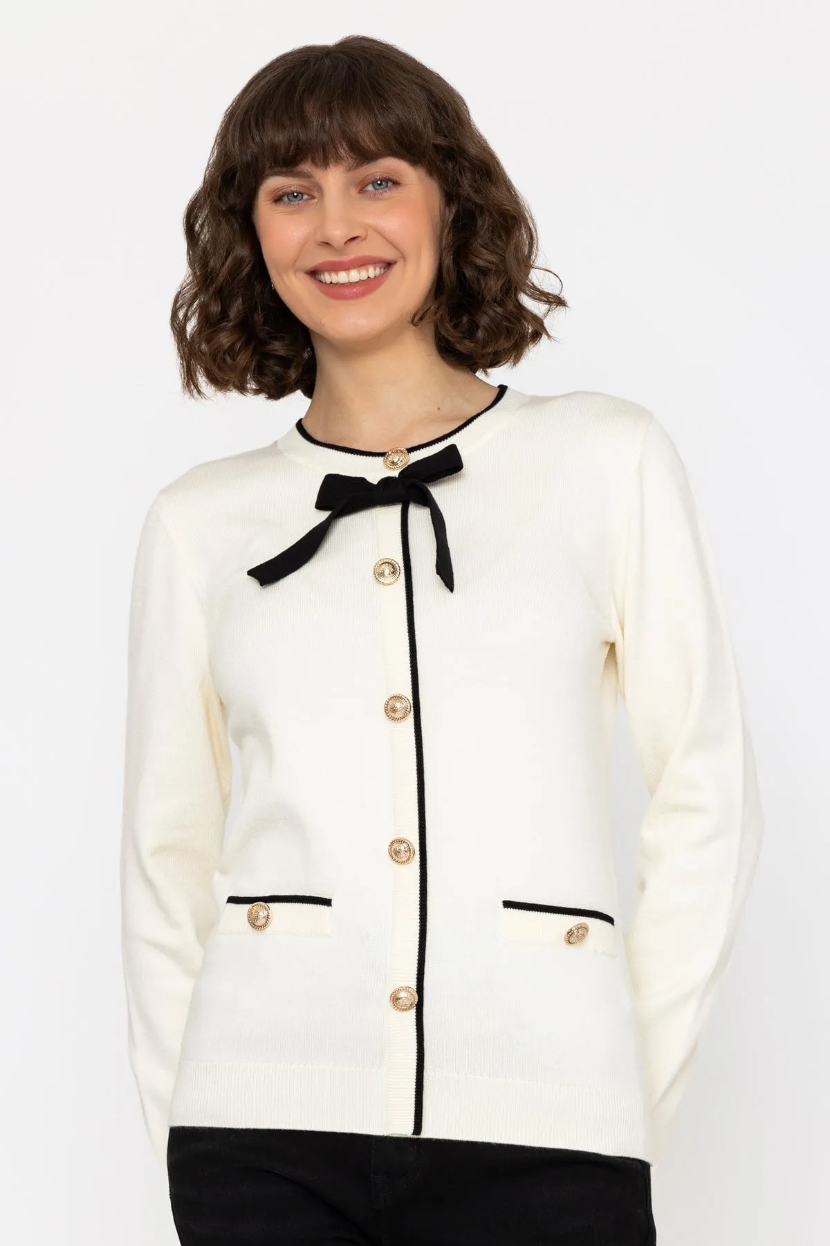 Bow Detail Knit Cardigan in Black & White