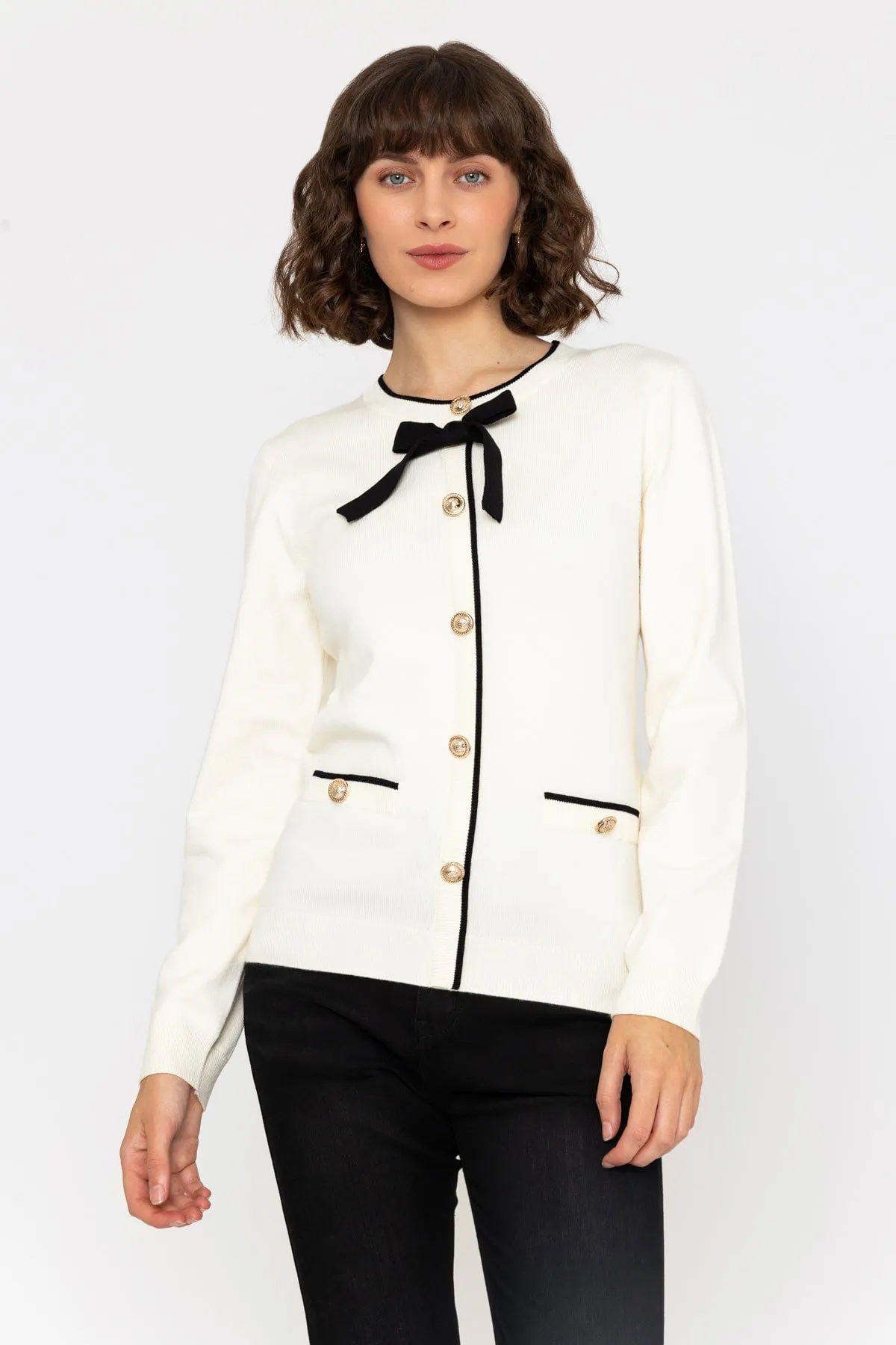 Bow Detail Knit Cardigan in Black & White