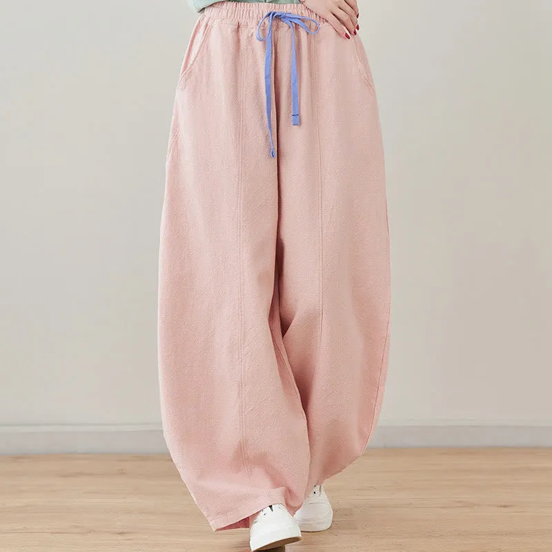 Buddha Stones Casual Plain Loose Rope Women's Cotton Linen Pants With Pockets