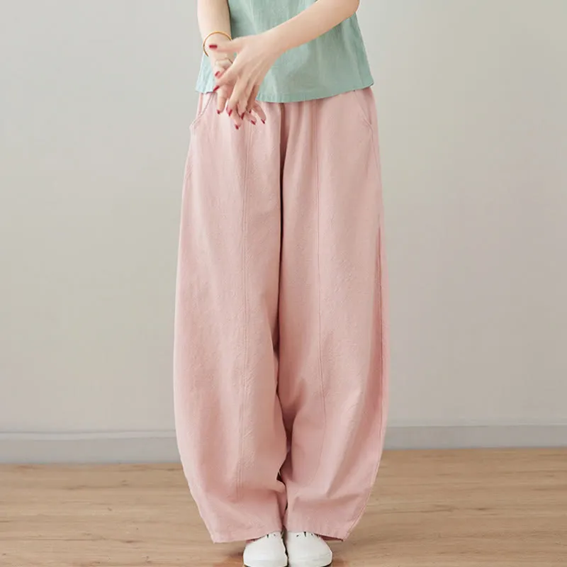 Buddha Stones Casual Plain Loose Rope Women's Cotton Linen Pants With Pockets