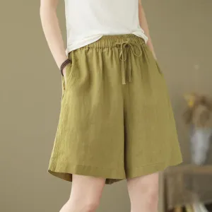 Buddha Stones Summer Casual Embroidery Pattern Cotton Linen Women's Shorts With Pockets