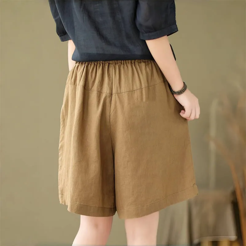 Buddha Stones Summer Casual Embroidery Pattern Cotton Linen Women's Shorts With Pockets