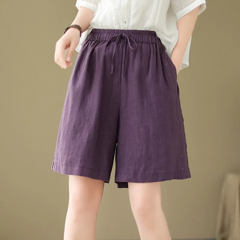 Buddha Stones Summer Casual Embroidery Pattern Cotton Linen Women's Shorts With Pockets