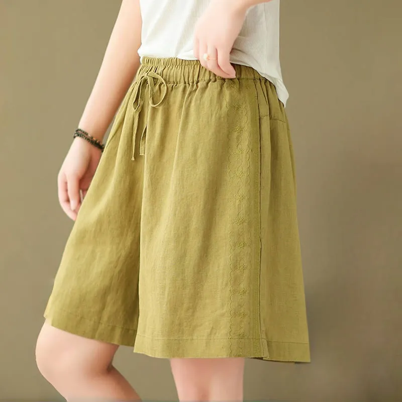 Buddha Stones Summer Casual Embroidery Pattern Cotton Linen Women's Shorts With Pockets