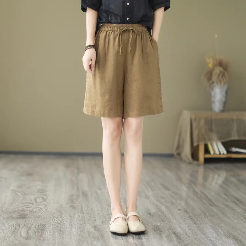 Buddha Stones Summer Casual Embroidery Pattern Cotton Linen Women's Shorts With Pockets