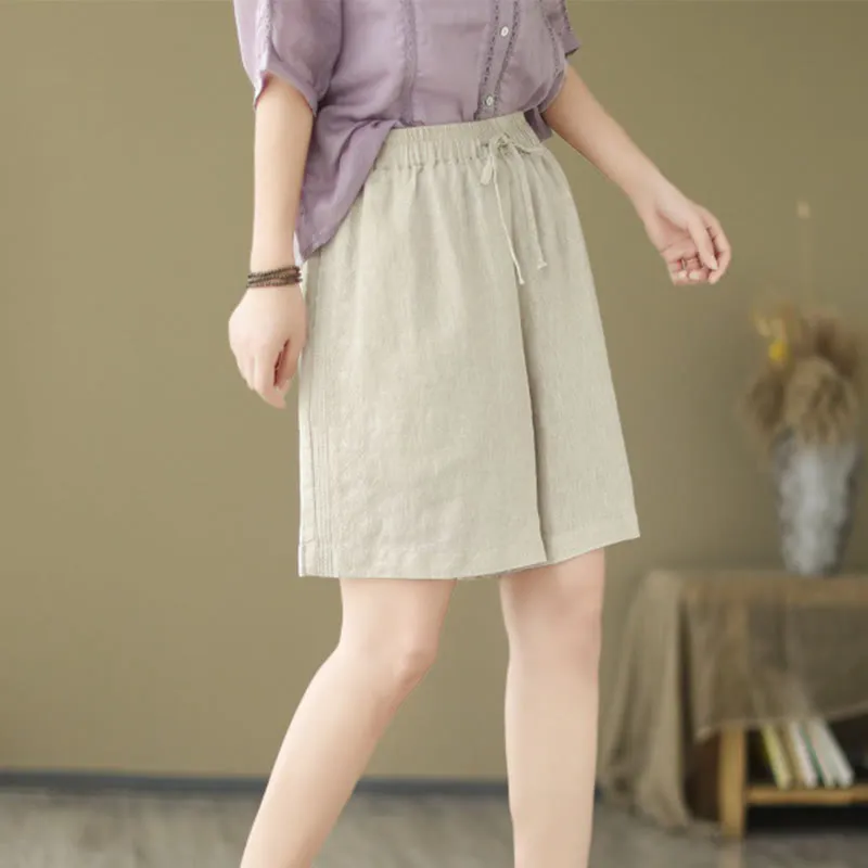 Buddha Stones Summer Casual Embroidery Pattern Cotton Linen Women's Shorts With Pockets