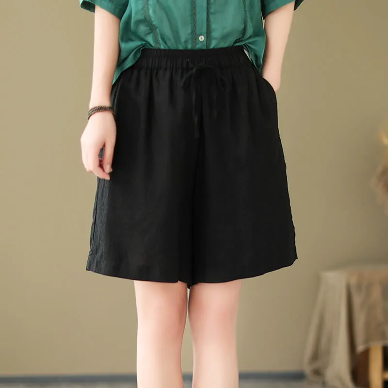 Buddha Stones Summer Casual Embroidery Pattern Cotton Linen Women's Shorts With Pockets