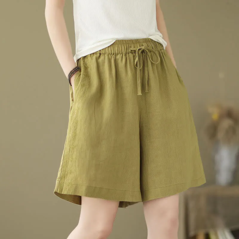 Buddha Stones Summer Casual Embroidery Pattern Cotton Linen Women's Shorts With Pockets