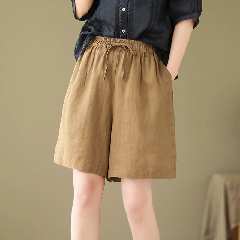 Buddha Stones Summer Casual Embroidery Pattern Cotton Linen Women's Shorts With Pockets