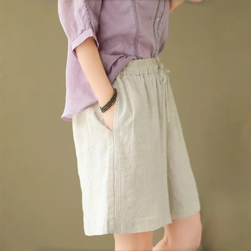 Buddha Stones Summer Casual Embroidery Pattern Cotton Linen Women's Shorts With Pockets