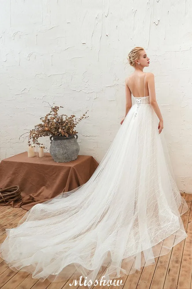 Chic Deep V-Neck White Tulle Princess Open Back Wedding Dress with Court Train