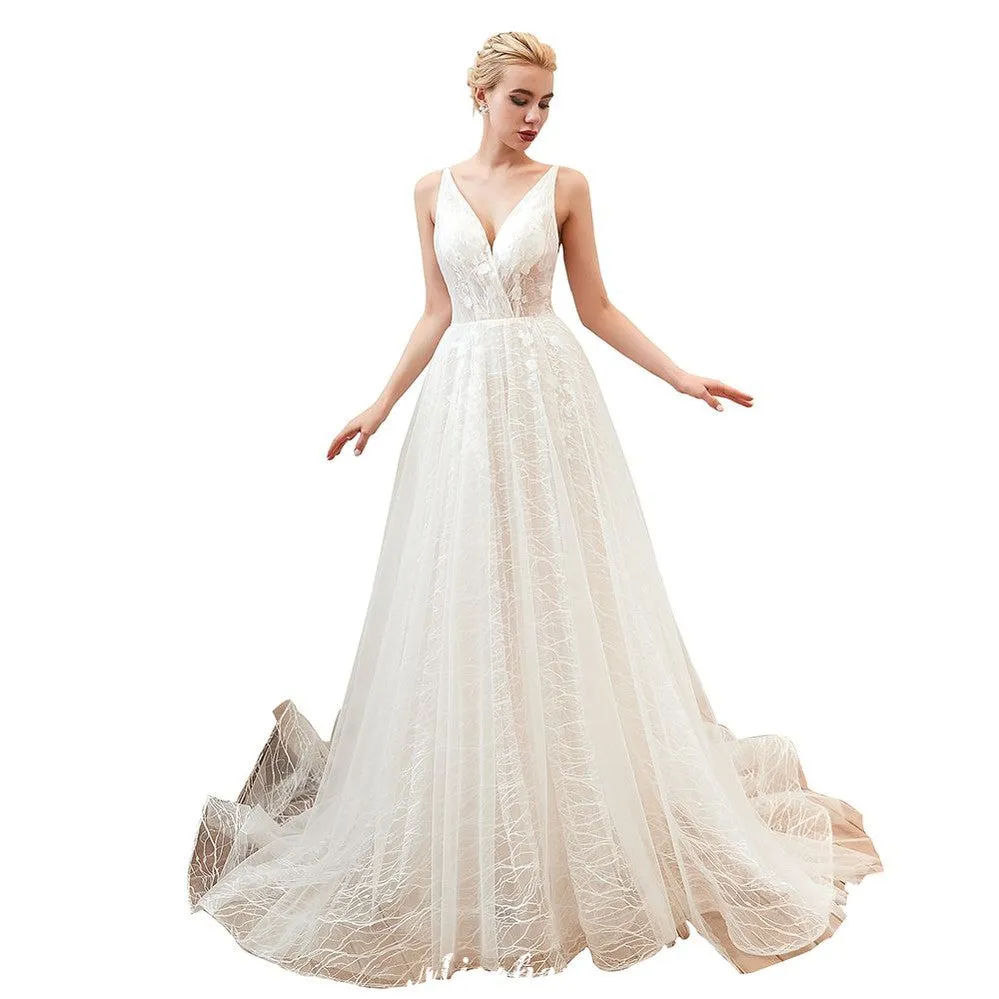 Chic Deep V-Neck White Tulle Princess Open Back Wedding Dress with Court Train