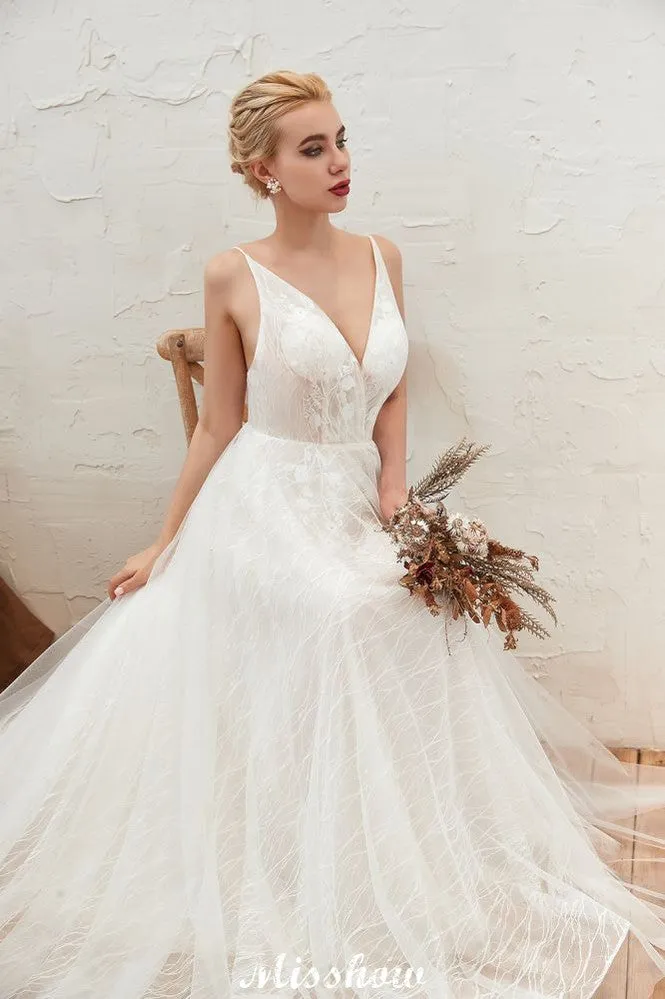 Chic Deep V-Neck White Tulle Princess Open Back Wedding Dress with Court Train